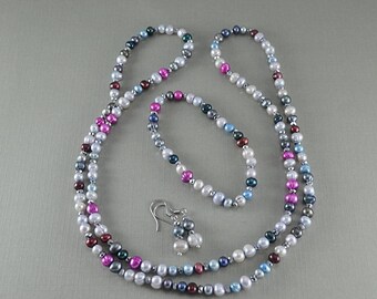 Multi color freshwater pearl and crystal earring bracelet necklace set