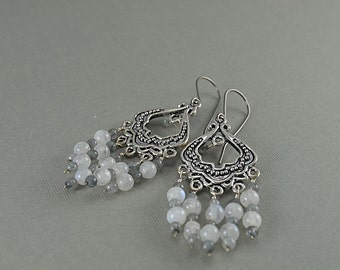 Silver Moonstone and Labradorite Chandelier Earrings