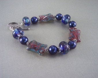 Blue Lampwork Bead and Shell Pearl Sterling Silver Bracelet