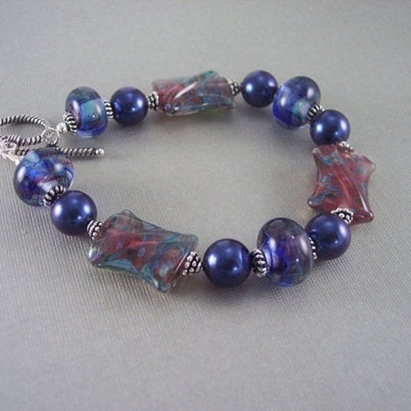 Blue Lampwork Bead and Shell Pearl Sterling Silver Bracelet