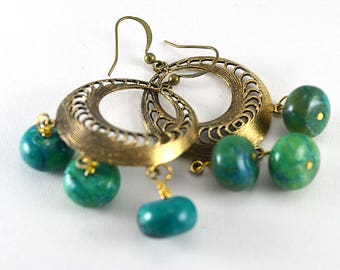 Blue and green chrysocolla brass hoop dangle earrings