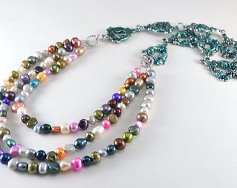 3 strand multi color freshwater pearl necklace