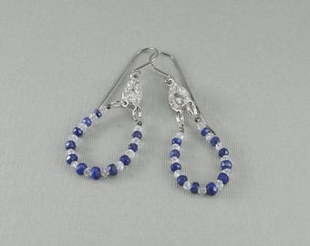 Crystal and blue sapphire gemstone hoop earrings