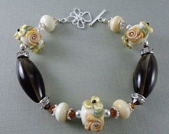 Floral Lampwork and Smoky Quartz Sterling Silver Bracelet