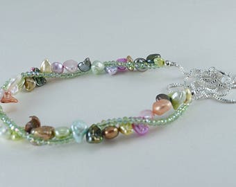 Pastel multicolor mixed shape freshwaer pearl and crystal necklace