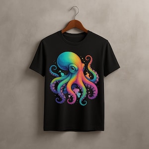 May include: Black t-shirt featuring a colorful octopus design. The octopus is depicted in vibrant hues of blue, green, yellow, orange, and pink. The design is centered on the shirt, creating a bold and eye-catching graphic.