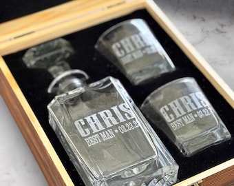 Whiskey Decanter Box Set, Custom Engraved Glasses and Decanter in Luxury Wood Case, Great Gift for Whiskey Lovers, Groomsmen & Father’s Day