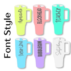 May include: Six brightly coloured insulated travel mugs with handles. Each mug is a different colour: yellow-green, pink, teal, blue, purple, and white. The mugs have text on them: "Apricots", "Blockhead", "Teacher", "Sugar Lime", "Bubblegum", and "Saturday".