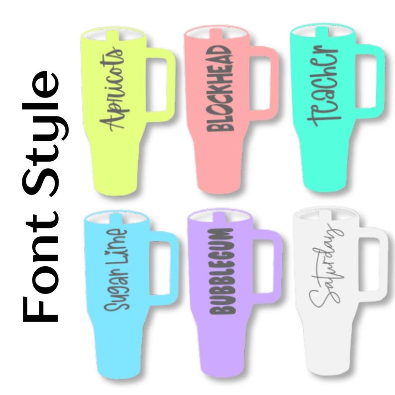 May include: Six brightly coloured insulated travel mugs with handles. Each mug is a different colour: yellow-green, pink, teal, blue, purple, and white. The mugs have text on them: "Apricots", "Blockhead", "Teacher", "Sugar Lime", "Bubblegum", and "Saturday".