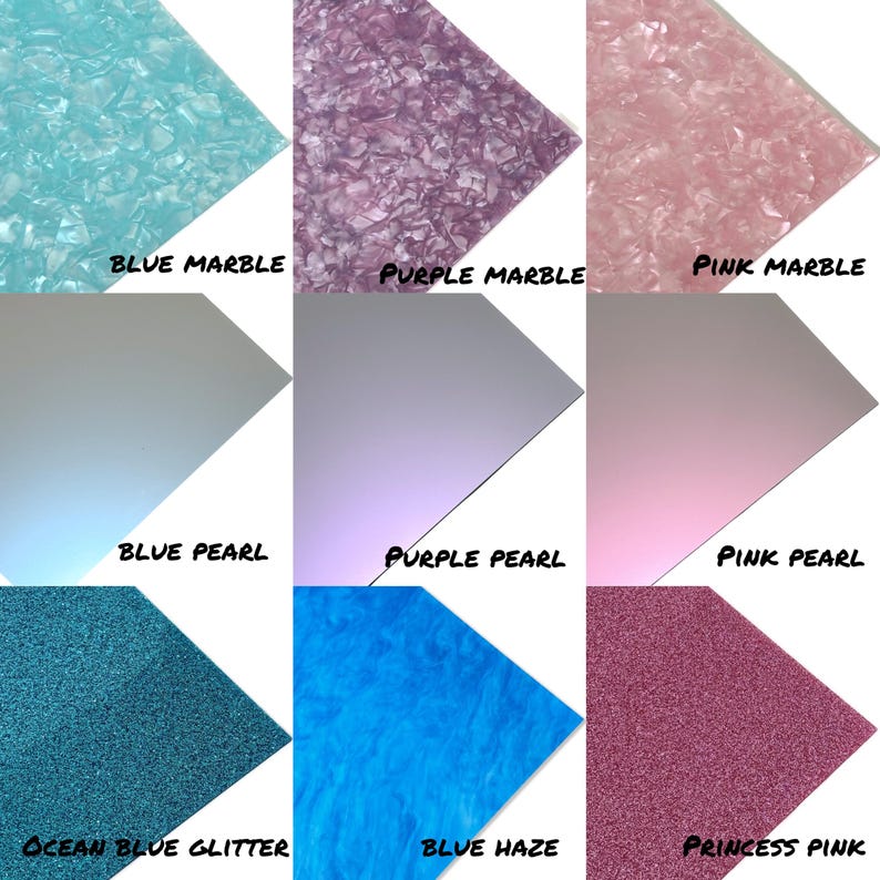 May include: Nine samples of decorative materials are displayed. The top row features blue, purple, and pink marble patterns. The middle row showcases blue, purple, and pink pearl finishes. The bottom row includes ocean blue glitter, blue haze, and princess pink glitter.