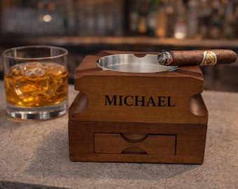 Personalized Wooden Cigar Ashtray With Whiskey Glass Holder, Great Gifts for Men  Wedding  - Father Day - Groomsman - Man Cave