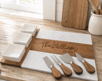 Personalized serving board for couple or family gift, cheese board with wood & marble, engraved wedding gift