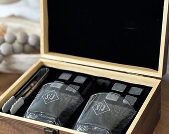 Signature Custom Whiskey Box and Glass Set, Men's Christmas Gift, Double Whiskey Glass Set, Engraved Glass Set, Whiskey Lovers, Gift for Him