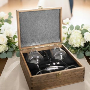 Personalized Wooden Wine Gift Box Set with Engraved Glasses, Wine Opener, Custom Message, Wedding Anniversary Housewarming Gift