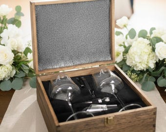 Personalized Wooden Wine Gift Box Set with Engraved Glasses, Wine Opener, Custom Message, Wedding Anniversary Housewarming Gift