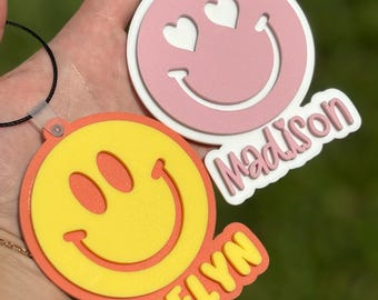 Smiley Face Backpack Keychains-Bag Tags- Backpack Name Tags- Bog Bag Tags- Sports Bag Keychain- Name Keychain- Diaper Bag Name Tag