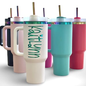 Personalized 40oz Tumbler With Handle Lid and Straw, Insulated Engraved Cup, Bridesmaid Proposal, Gifts for Her, Rainbow Custom Tumbler