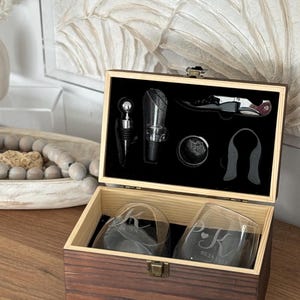 Wedding Gift Personalized Wine Glass Set & Engraved Wine Box for Couples, Anniversary - Unique Wedding Gift Set