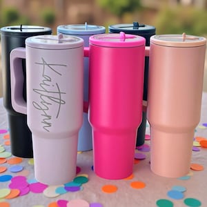 Personalized 40oz Tumbler With Handle Lid and Straw, Insulated Engraved Cup, Bridesmaid Proposal, Gifts for Her, Rainbow Custom Tumbler
