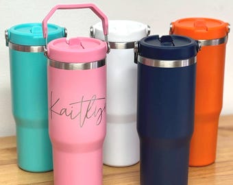 Personalized 30oz Insulated Tumbler: Engraved Cup With Handle and Fold Down Straw
