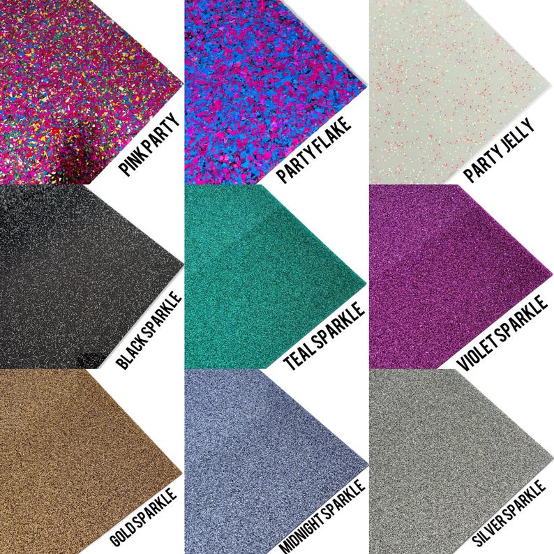 May include: A collection of glitter sheets in various colors, including pink, blue, black, teal, purple, gold, silver, and white. Each sheet has a different glitter pattern and is labeled with its color name.