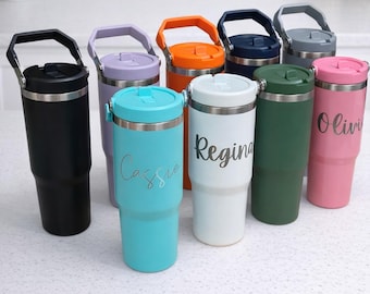 Personalized 30oz Insulated Gym Water Bottle: Engraved Cup With Handle and Fold Down Straw