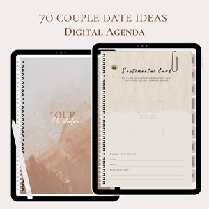 May include: A digital agenda for couples with 70 date ideas. The agenda has a brown and white watercolor background with the text "Our 70 dates" on the cover. The agenda also includes a sentimental card with a space to write a note and rate the date.