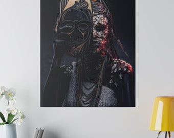 Portrait Scary African Shaman Female with Mask Matte Canvas, Tribal Art Print, Ethnic Home Decor, Bohemian Wall Decor, Unique Shaman Art