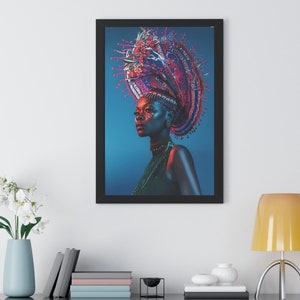 Africa Woman Oil Paint Framed Vertical Poster, Vibrant African Woman Portrait Canvas Print, Unique Home Decor, Ethnic Wall Art Gift For Her
