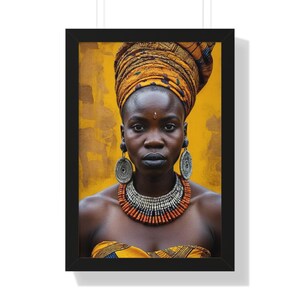 Elegancka afrykańska kobieta sztuka oprawiona w pionie plakat, kulturowy portret afrykańskiej kobiety, królewska afrykańska królowa, plemienny afrykański wystrój ścienny