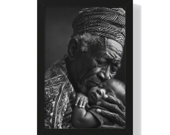 Black and White Portrait Grandpa with Grandchild Framed Vertical Poster, Emotional Family Art, Perfect Gift for Grandparent, Sentimental Art
