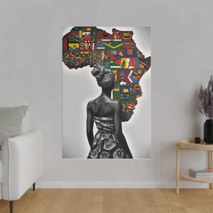 African Woman with Africa Map Matte Canvas Unique African Art Print Hand-Drawn Illustration, Ethnic Woman Home Decor Gift For Her, Black Art