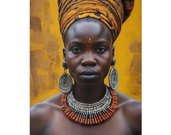 May include: A woman with dark skin wearing a yellow and orange head wrap, large silver earrings, and a layered necklace with orange and silver beads. The background is a bright yellow wall.