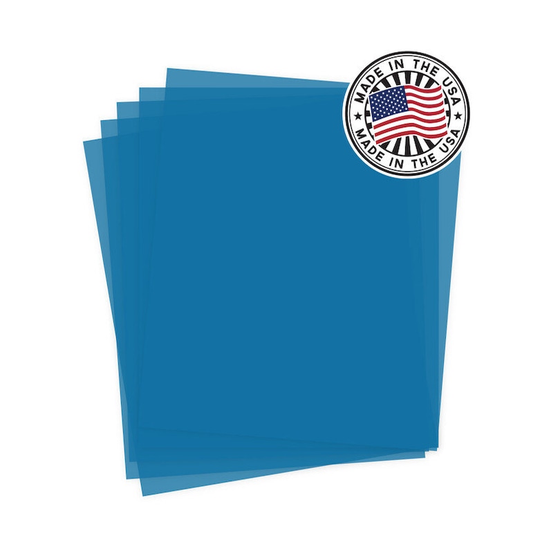 May include: A stack of 10 blue translucent sheets of paper. The sheets are made in the USA.