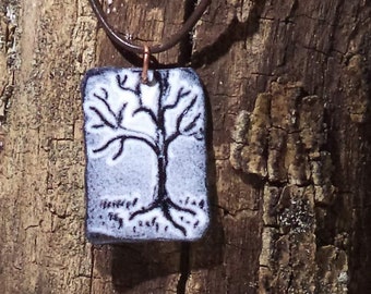 Lone tree in snow handmade jewelry copper pendant hand painted metal tree art landscape art fall jewelry