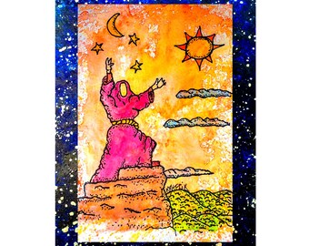 Wisdom Seeker Watercolor Print, Celestial Mythic Ink Art (Digital Download)