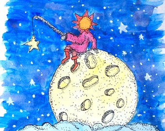 Star Fishin' a fantasy original watercolor painting art/tale of the Sun, Moon and Stars