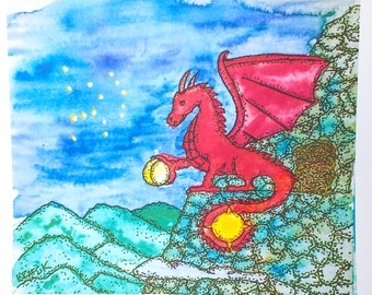 Orion and the Dragon, from original watercolor painting found in the book Enchanted Dreams .FREE SHIPPING