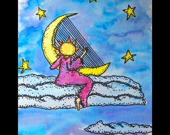 Stars Twinled Ink Watercolor Print Celestial Mythic children adult fine Art Digital print Download