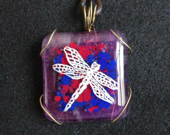 Dragonfly fused glass hand etched carved pendant necklace dragonfly jewelry