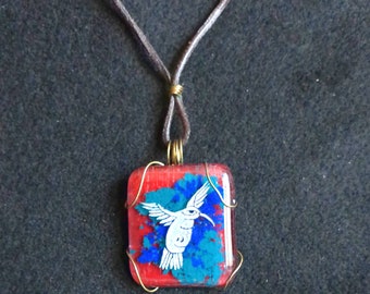 Henri the Hummingbird is a fused glass hand etched carved pendant necklace humminbird jewelry