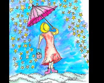 Celestial Meteor Shower Print: Ink Watercolor Art (Digital Download)