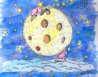 Star Miners a fantasy watercolor of the Moon and stars