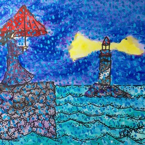 The Red Umbrella ; Original watercolor painting art fantasy landscape unique art.lighthouse with the sea