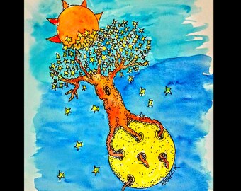 Tree of Stars Ink Watercolor Print, Celestial Mythic children adult fine Art digital download
