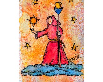 Connoisseur of Celestial Objects  Watercolor Print, Celestial Mythic Ink Art (Digital Download)