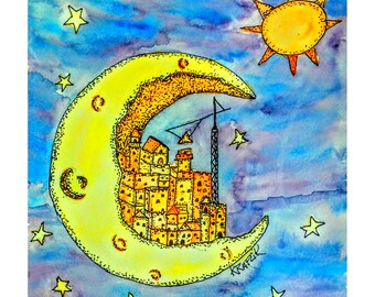Lost City on the Moon Wisdom Seeker Ink Watercolor Print, Celestial Mythic children adult fine Art (Digital Download)