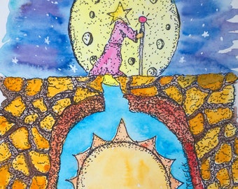 The Bridge of the Dawn a Moon sun and stars fantasy watercolor