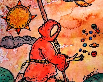 Gardner of the Galaxy Ink Watercolor Print Celestial Mythic children adult fine Art Digital print Download