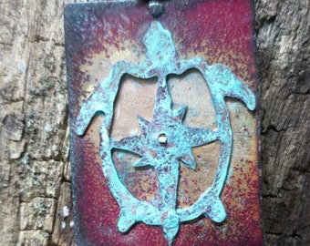 Sea Turtle Compass copper pendant for lovers of sea turtles and turtle jewelry turtle art ocean necklace